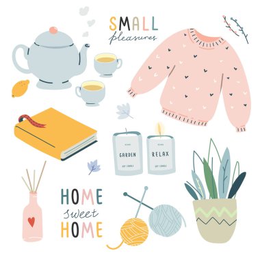 Hygge yaşam tarzı sevimli vektör illüstrasyonlar. Rahatlık ve konfor ruh hali. Ev öğeleri beyaz arka plan üzerinde izole. İskandinav tarzı. Pastel renk.