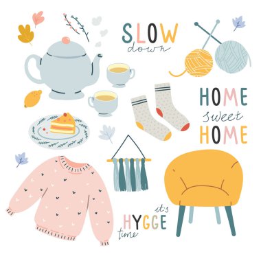 Hygge el çizilmiş çizimler koleksiyonu. İskandinav coziness ve rahat bir yaşam tarzı fikri. Sandalye, kazak, çorap, çaydanlık ve tabaktabaktabaktabaktabaktabaktabaktabak tabaktabak tabaktabak tabak tabak tabak tabak tabak tabak tabak tabak tabak tabak tabak tabak tabak tabak tabak tabak tabak tabak tabak Beyaz arka planda yalıtılmış ev öğeleri.