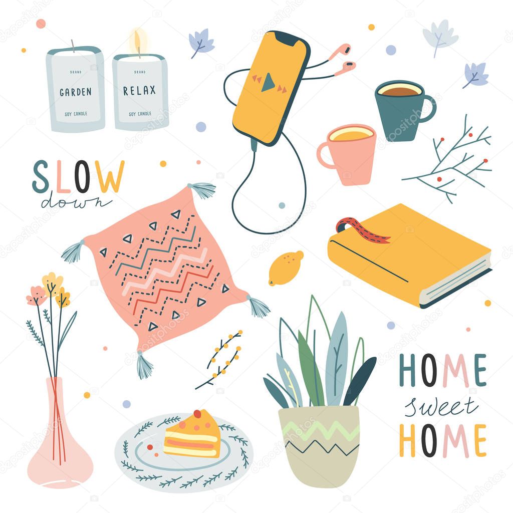 Hygge handdrawn illustrations, scandinavian doodle sketchy elements. Idea of coziness and comfortable lifestyle, winter and autumn mood. Cushion, smartphone, house plant, tea mug and cake on plate. 