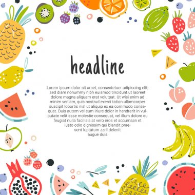 Düz el çizilmiş tarzı meyve dekoratif çerçeve, çizimler sınır. Banner, el ilanı baskı kartı ve davetiye için tropikal vektör şablonu. Malzemeler renk cliparts grafik kavramı olarak yapılan. Çizim doodle tarzı