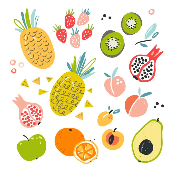 Colección Frutas Estilo Plano Dibujado Mano Juego Ilustraciones Frutas Tropicales — Archivo Imágenes Vectoriales