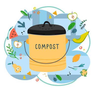 Elle çizilmiş sıfır atık afiş. Modern trendy düz karikatür tarzıekolojik yaşam tarzı vektör illüstrasyon. mutfak composter bin, doodle ile arka plan üzerinde sebze ve artıklar için. Evsel gübreleme için atık. 