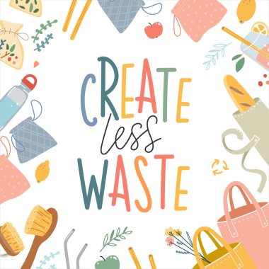 el harflerle sıfır atık dekoratif çerçeve templatt çizilmiş. Modern trendy düz karikatür tarzıekolojik yaşam tarzı vektör illüstrasyonlar. Yeniden kullanılabilir çantalar, fırçalar ve şişe, kare afiş veya poster