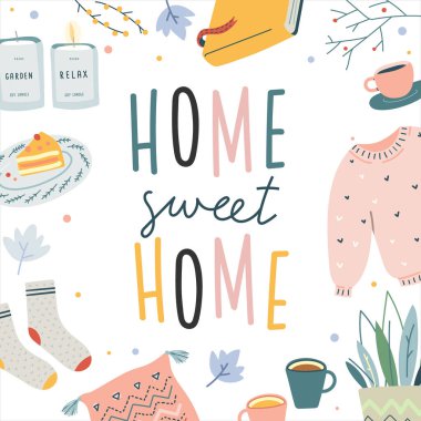 Kare kare şablon olarak yapılan hygge yaşam tarzı unsurlarısevimli vektör illüstrasyon. Sonbahar ve kış havası. el yazısı yazı ev tatlı ev, İskandinav tarzı afiş veya afiş.