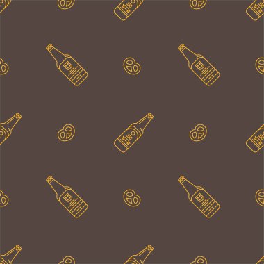 Basit simge renkli resimlerden yapılmış bira cam şişe ve simit meze çerez ile Dikişsiz vektör deseni. Oktoberfest sonsuz arka plan. Baskı ambalaj kağıdı veya pub menü arka plan için iyi.