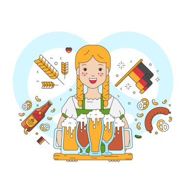 güzel alman kız garson bira kupaları dolu bir tepsi tutan