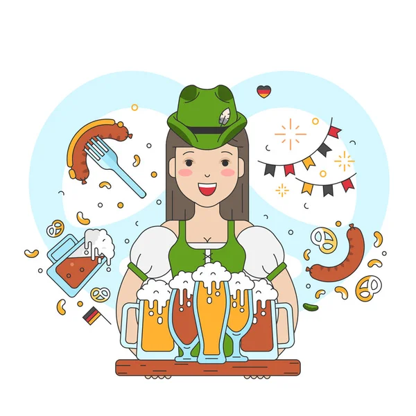 Hübsche deutsche Kellnerin mit einem Tablett voller Bierkrüge — Stockvektor