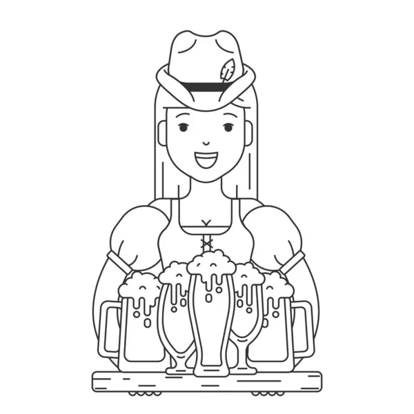 Pretty german girl waiter holding a tray full of beer mugs — Stock Vector