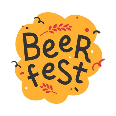 Arka plan ile handdrawn trendy düz illüstrasyon. Oktoberfest kutlaması için el yazısı yla yazılmış harfler. Ekim bira festifal için afiş veya afiş baskı için iyi. Buğday dalı ve karalama elemanları.