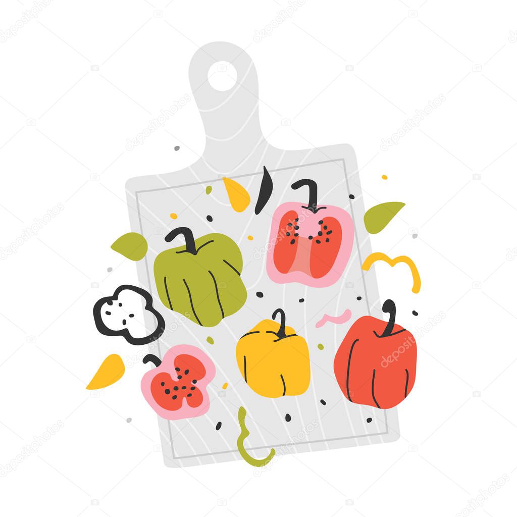 hand drawn illustration of sweet paprika pepper on a cutting board