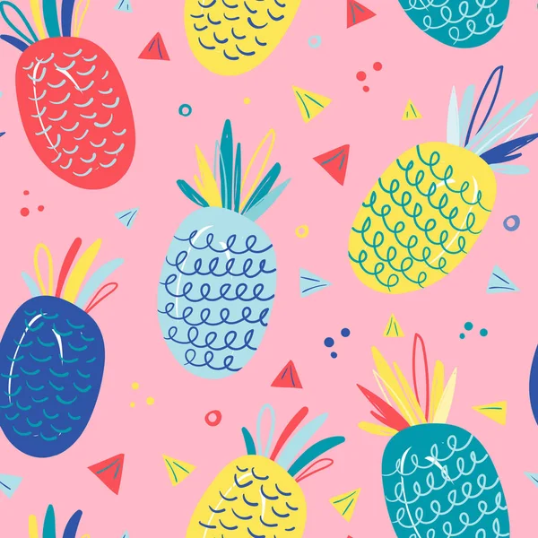 Vektor nahtloses Muster mit Skizze moderner handgezeichneter Ananas in hellen Neonfarben — Stockvektor