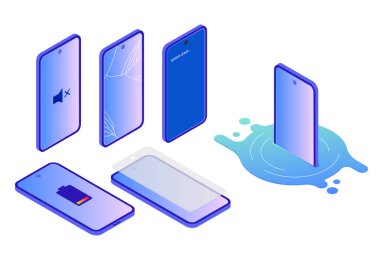Vector isometric illustration, broken smartphone damaged by water, drop. System crash screen, cracked display. Devices in modern trendy gradient style. Various smartphone brake down for repair service clipart
