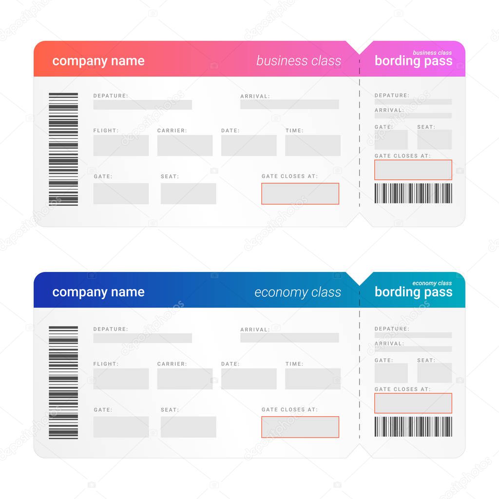 Flat template layout for boarding pass with details and information field. Economy and businees class tickets 