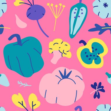 el çizilmiş parlak neon renkli sebze vektör çizimler dikişsiz karo deseni olarak yapılan. Biber sebzeler ile sonsuz arka plan