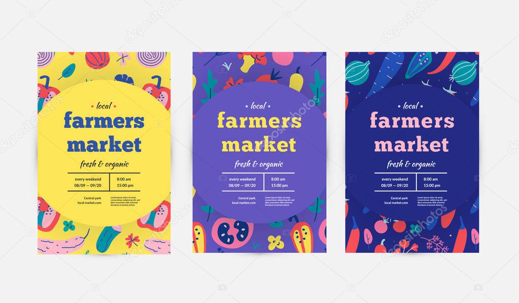 Set Of Farmers Market Poster Or Flyer Layouts With Hand Drawn Colorful Vector Illustrations Collection Of Graphic Design Templates For Local Organic Food Fair Event Bright Color Vegetables On Advertising Leaflet
