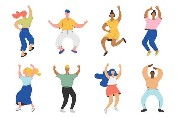 Eğlenen kadın ve erkek dans karakterleri Düz vektör cliparts. Beyaz arka plan üzerinde izole, hareketli mutlu insanlar çizimler koleksiyonu.