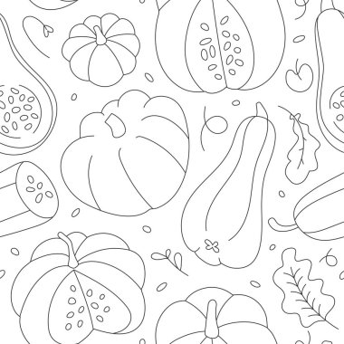 Çeşitli şekil pumkins ile Dikişsiz vektör sonsuz arka plan. Kontur lineer el çizilmiş tarzı sonbahar kabak tekrar desen olarak yapılan