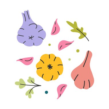 Karanfil illüstrasyon ile Sarımsak. El çizilmiş renkli vektör çizim clipart izole. Renkli sebze illüstrasyon. 