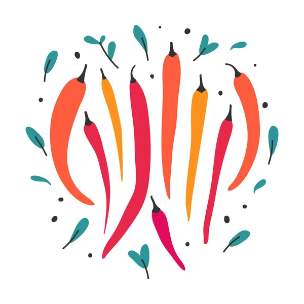 Chilischoten. Vektor-Illustration von roten Paprika isoliert auf weißem Hintergrund. Gewürzgemüse in verschiedenen Farben und Formen, — Stockvektor