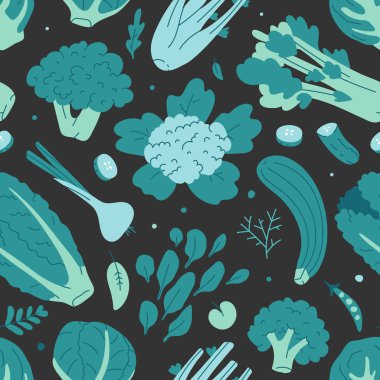 Yeşil el taze lezzetli vejetaryen gıda çizilmiş Sebze dikişsiz vektör deseni. Taze lezzetli orajik çiğ ürünler pişirme ile tekrar duvar kağıdı