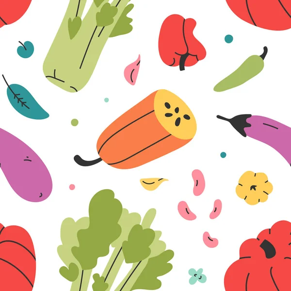 手描きの新鮮なおいしいベジタリアン生食品の野菜様々なシームレスなベクトルパターン。新鮮なおいしい有機野菜を調理して壁紙を繰り返す — ストックベクタ