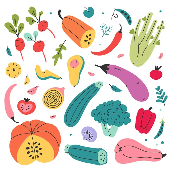 Készlet kézzel rajzolt színes firka illusztrációk a zöldségek elszigetelt. Vázlat stílusú síkvektorgyűjtemény. Csomagban lapos zöldség lapos ikonok készlet — Stock Vector