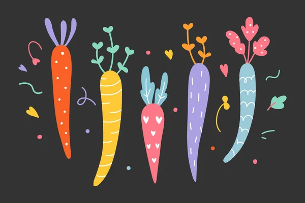 Mignonnes carottes colorées arc-en-ciel dessinées à la main avec des feuilles et des griffes sur fond noir. Illustration vectorielle plate et tendance aux couleurs pastel. Agriculture Aliments biologiques à base de légumes doux — Image vectorielle