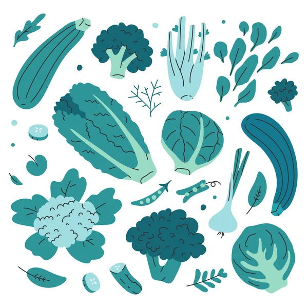 白い背景に隔離された新鮮なおいしい野菜を描いた緑の手のコレクション。おいしいベジタリアン製品のバンドル、健康的なダイエット食品 — ストックベクタ