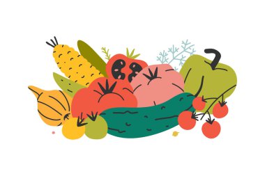 Organik sebzelerin düzenlenmesi, vektör el grubu sebzeler çeşitli çizilmiş. Beyaz arka planda izole edilmiş hasat ürünleri.