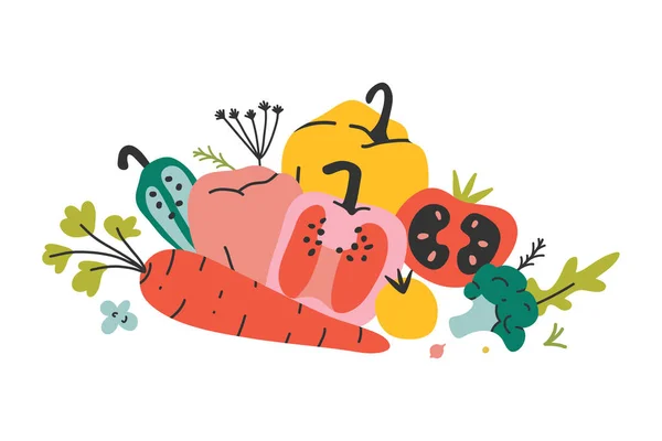 Arrangement de légumes biologiques frais, collection de vecteurs dessinés à la main différents types de légumes. Récolte d'automne nourriture isolée — Image vectorielle