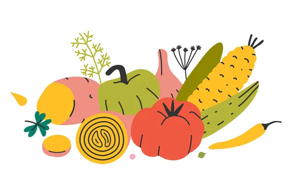 Elrendezése zöldségek gazdálkodási piac, meg a vektor kézzel rajzolt különböző veggies. Leizolált őszi szüret. — Stock Vector