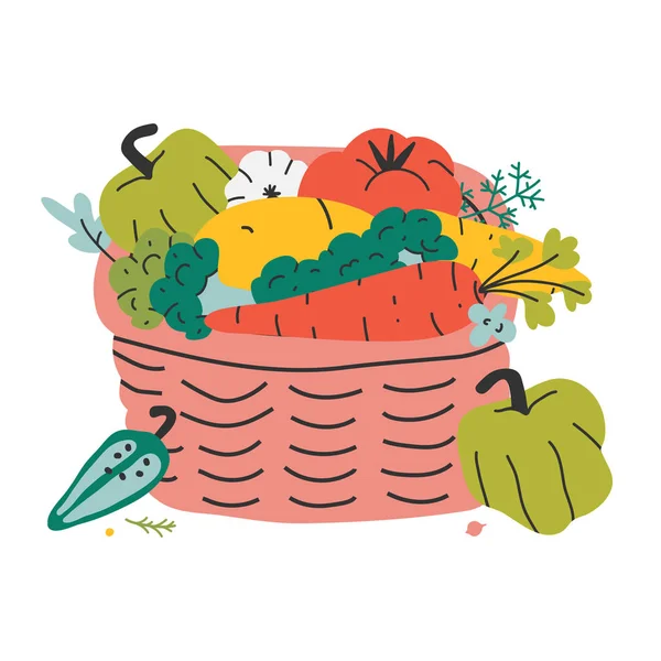 Jesienne wegetales umieszczone w Wiklinowy kosz na Targi rolnicze lub piknik. Ekologiczna naturalna zdrowa żywność. Zbierz pokarm warzywny, — Wektor stockowy