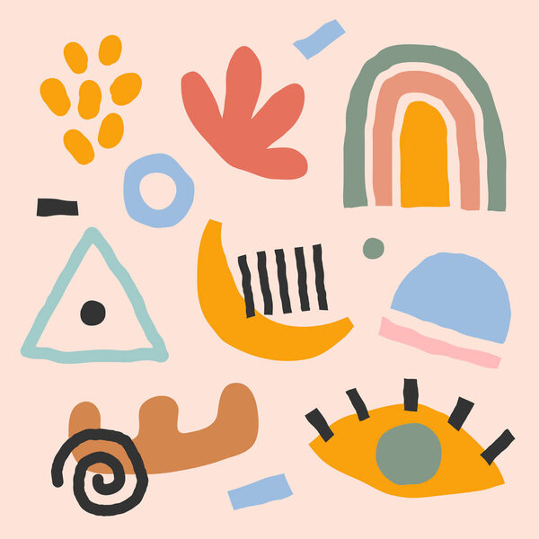 Набор плоских ручных рисунков современных абстрактных элементов. Цветные абстрактные каракули и формы
.