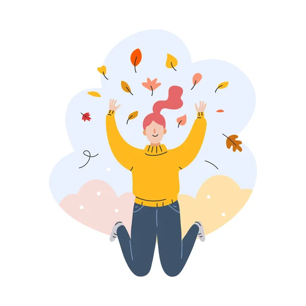 Illustrazione vettoriale di ragazza personaggio femminile sorridente e gettando autunno foglie rosse e gialle in una foresta o parco in autunno . — Vettoriale Stock