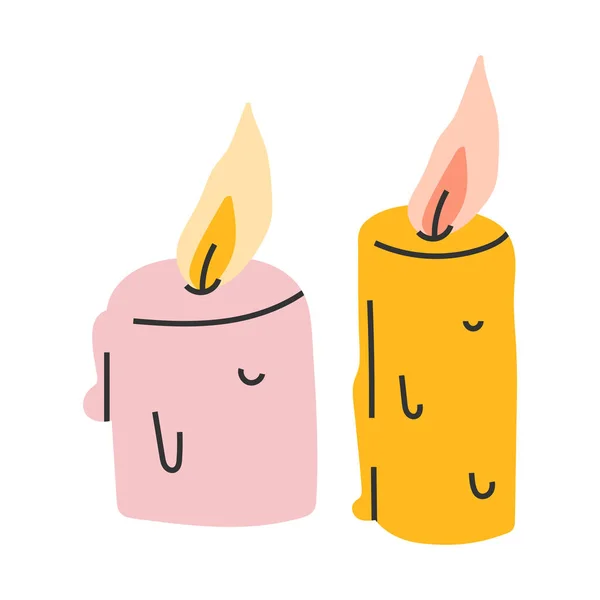 Simple hand drawn illustration of lit candles, cozy interior decoration, indoors seasonal autumn activity. — Stock Vector