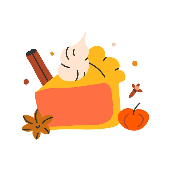 Illustration simple dessinée à la main de tarte à la citrouille avec crème et épices, activité automnale saisonnière intérieure . — Image vectorielle