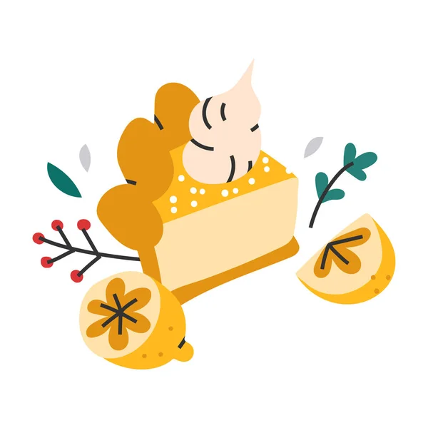 Illustration simple dessinée à la main de gâteau tarte au citron avec des citrons et de la crème sur le dessus, automne nourriture maison de saison — Image vectorielle