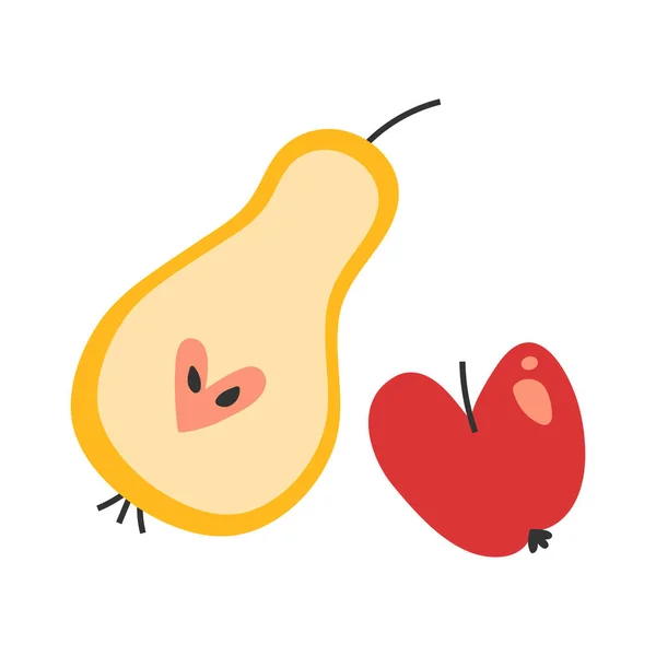 Vector ilustración dibujada a mano de manzana roja y pera, símbolos de caída estacional, cosecha de cultivos . — Archivo Imágenes Vectoriales