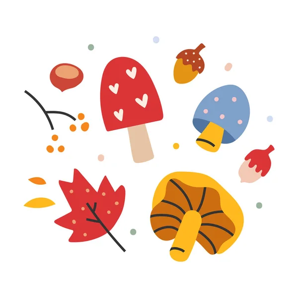 Illustration vectorielle dessinée à la main des feuilles d'automne et des champignons cueillis dans la forêt ou le parc, symboles d'automne saisonniers, activités de plein air . — Image vectorielle