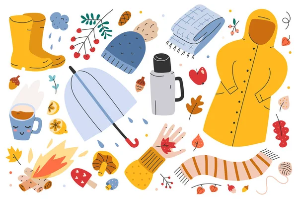 Collection d'automne, grand ensemble d'illustrations dessinées à la main de symboles d'automne, cliparts vectoriels. Feuilles, feu de joie, parapluie, vêtements et tenue de pluie, activités de plein air saisonnières . — Image vectorielle