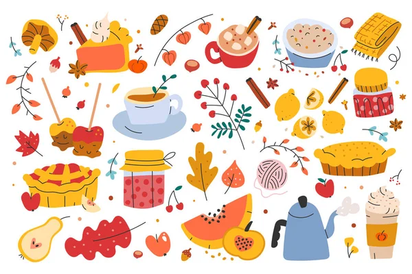 Sonbahar seti, bir tomar el çizimi mevsimlik yiyecek ve içeceklerin klip sanatı, vektör çizimleri. Elma ve balkabağı turtası, reçel kavanozu yaprakları, karamelli elma, balkabağı aromalı latte