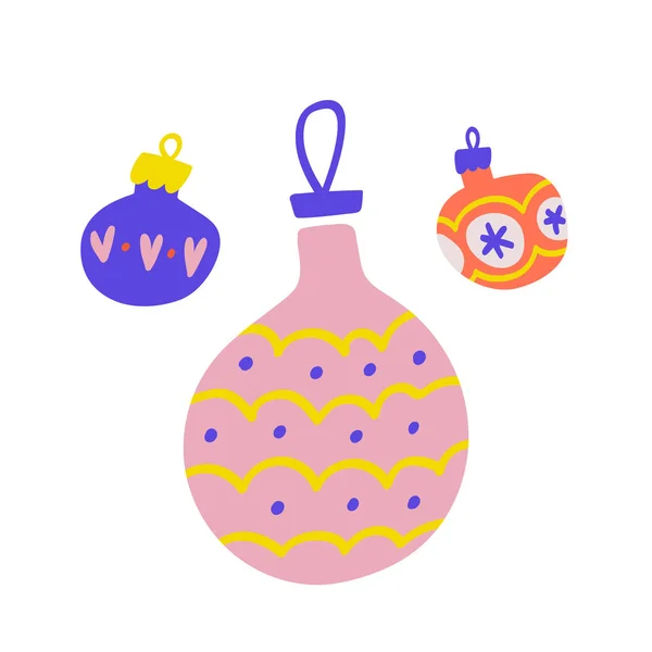 Set aus drei Weihnachtskugeln Dekoration für immergrünen Baum mit bunten Ornamenten. handgezeichnete niedliche gezeichnete Illustration. flacher moderner Cartoon — Stockvektor