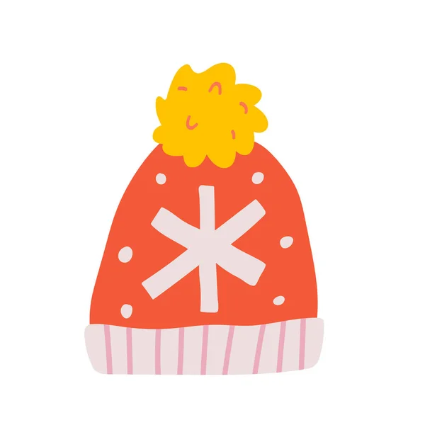 Bonnet en laine chaud fait à la main avec décoration tricotée en flocon de neige pour un temps froid d'hiver. Dessin dessiné à la main. Isolé — Image vectorielle