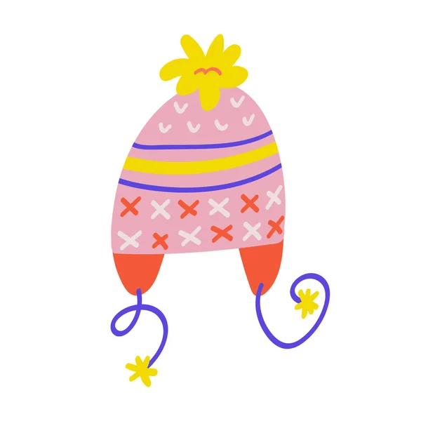 Ciepła czapka zimowa dla dzieci z ornamentami i pom pom i klapkami na uszy na zimową pogodę. Ręcznie rysowane cute doodle ilustracji. — Wektor stockowy