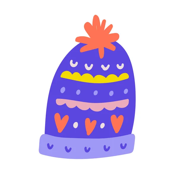 Chapéu de gorro feito à mão de lã quente com decorações de Natal para clima frio de inverno. ilustração doodle desenhado à mão. Desenho isolado — Vetor de Stock