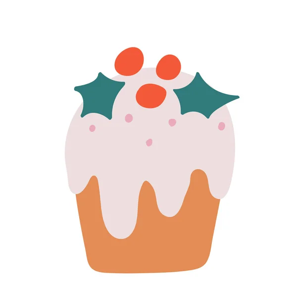 Χριστουγεννιάτικο κέικ πουτίγκα με γλάσο γαρνιτούρα διακοσμημένο με μούρα γκι και φύλλα. Χαριτωμένο χέρι ζωγραφισμένα doodle εικόνα απομονωμένη — Διανυσματικό Αρχείο