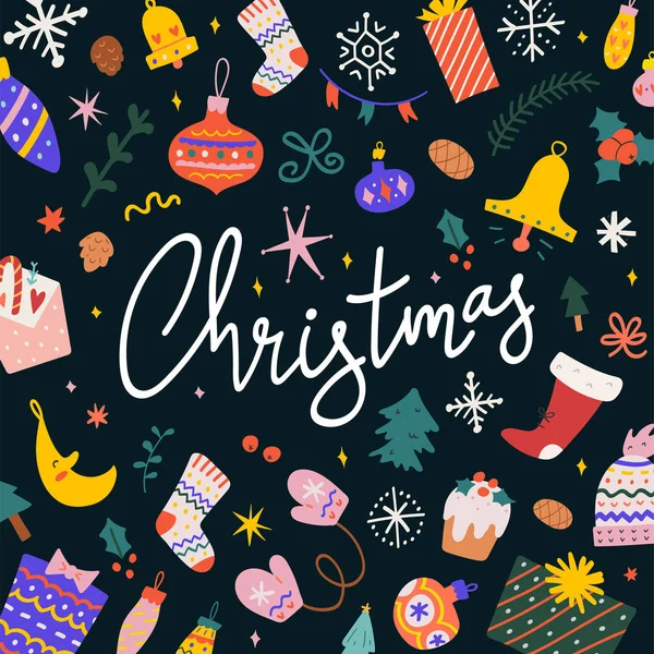 Різдвяний банерний шаблон з намальованими руками барвистими малюнками, розташованими в рамці. Яскравий дизайн вітальної листівки з рукописним написом — стоковий вектор