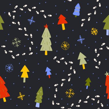 Noel ağacı ve ayak basamaklarıyla Noel vektörsüz desen, karalama süslemeleri ile kış ormanı, el çizimi şirin dekoratif zemin.