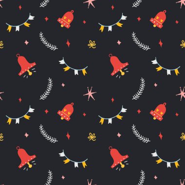 Çıngıraklı yılbaşı ağaçları ve yıldızlarıyla basit bir yılbaşı şablonu. El yapımı İskandinav tarzı fon. Paket kağıdı için iyi., 