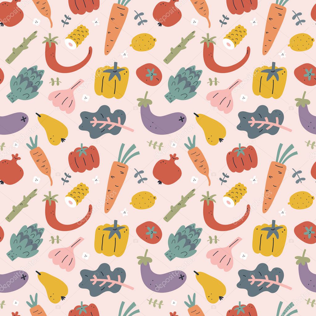 Vegetables seamless pattern, food ornament with fruits, foods ingredients illustrations, hand drawn print for kitchen tablecloth or wrapping paper with hand drawn pepper. tomato, asparagus